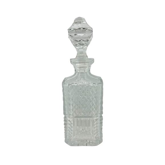 Vintage Lead Crystal Square Decanter with Diamond Cut Design Faceted Stopper - Picture 1 of 10